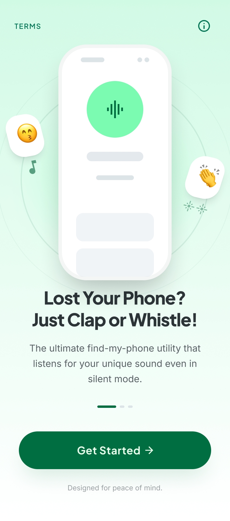 Onboarding screen inviting users to clap or whistle to find their phone.