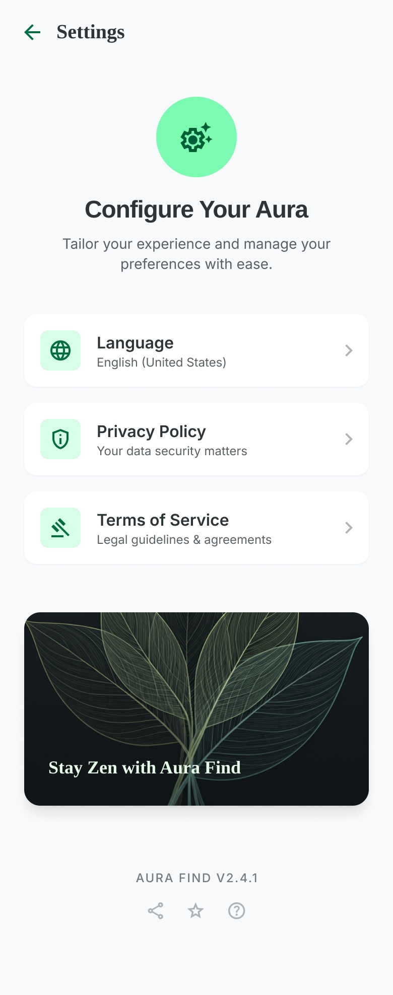 Settings screen with privacy, language, and terms sections.
